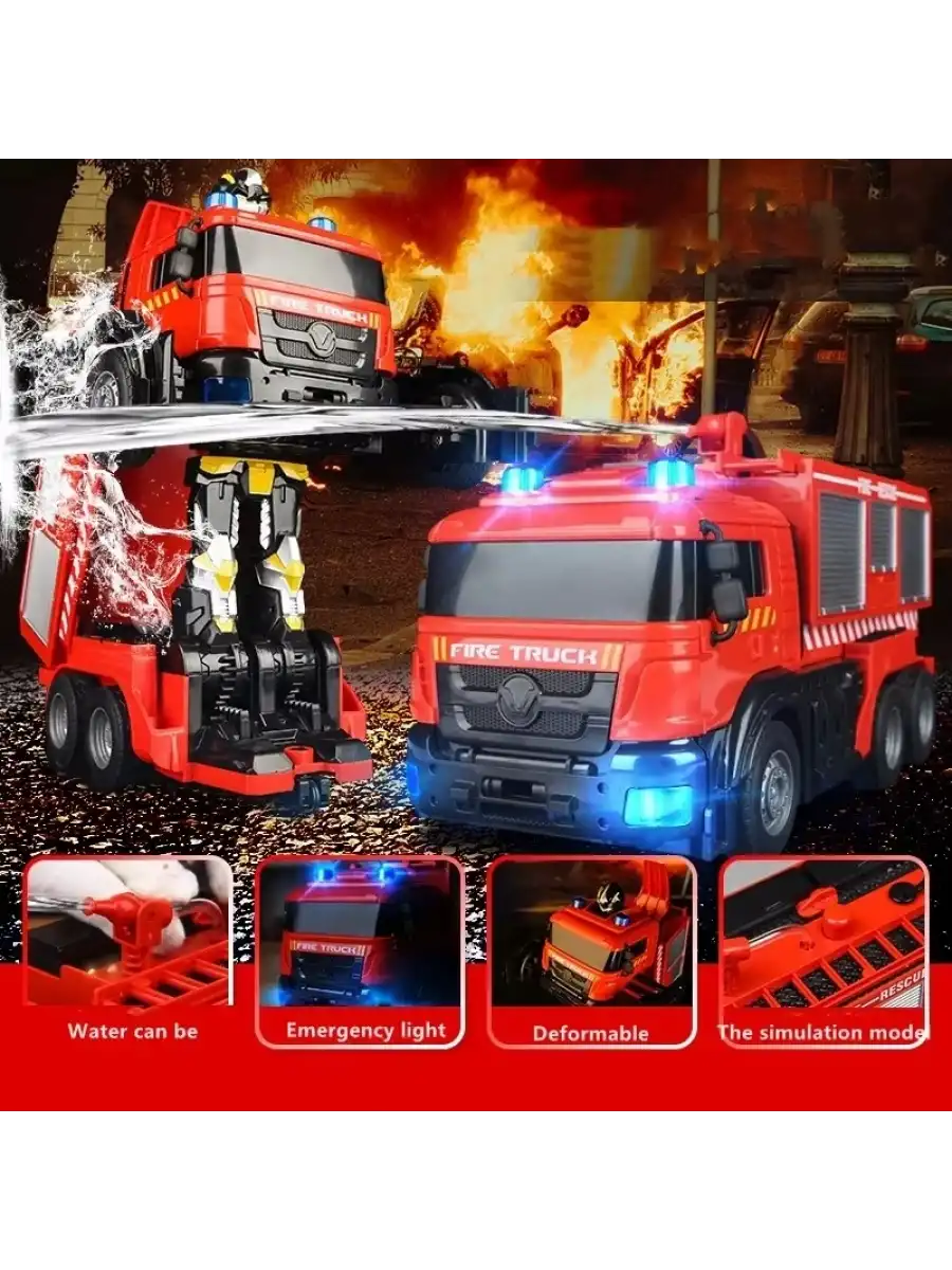 Uzaktan Kumandalı Dönüşebilen İtfaiye Arabası - Su Atan İtfaiye Aracı Işıkllı Robota Dönüşen İtfaiye