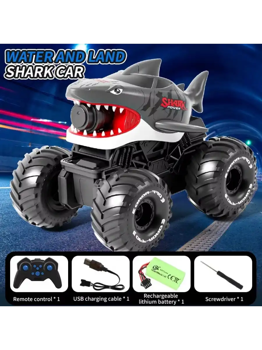 Shark Amphibious Racing Car Siyah - Uzaktan Kumandalı Su Atan Saatli Köpek Balığı - Saat Kontröllü