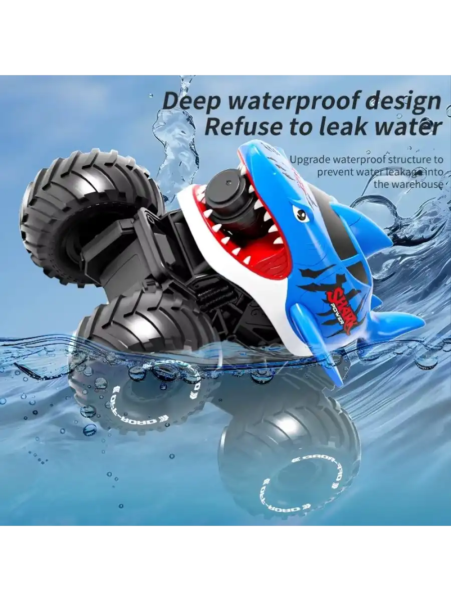 Shark Amphibious Racing Car Mavi - Uzaktan Kumandalı Su Atan Saatli Köpek Balığı - Saat Kontröllü