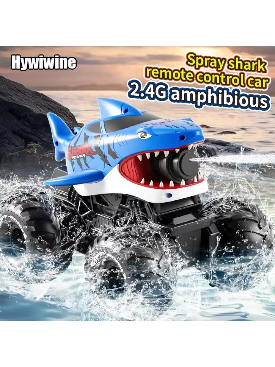 Shark Amphibious Racing Car Mavi - Uzaktan Kumandalı Su Atan Saatli Köpek Balığı - Saat Kontröllü