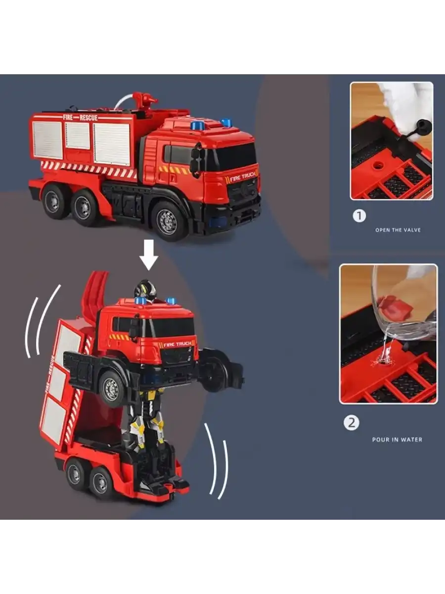Uzaktan Kumandalı Dönüşebilen İtfaiye Arabası - Su Atan İtfaiye Aracı Işıkllı Robota Dönüşen İtfaiye