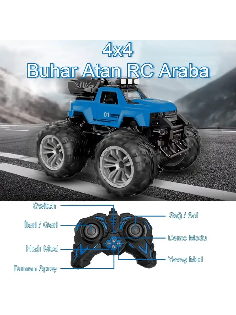 Smoke R/C Araba Mavi - Uzaktan Kumandalı Duman Atan Araba - Dumanlı Kumandalı Araba - Uzaktan Kumandalı Araba
