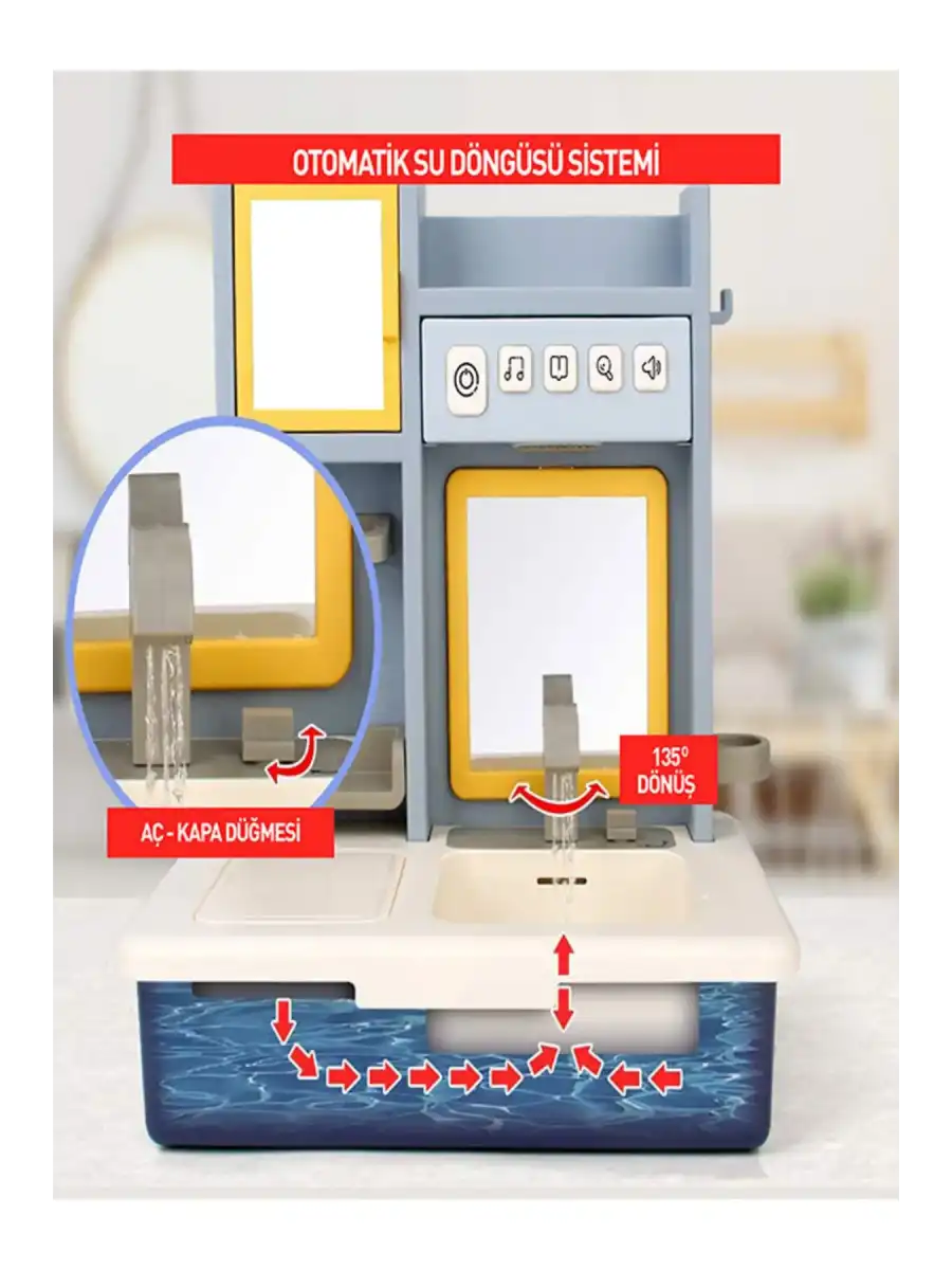 Su Akıtan Modern Banyo Seti - Çeşmeli Işıklı ve Sesli Lavabo - Banyo Seti - Su Akan Musluk - Mavi