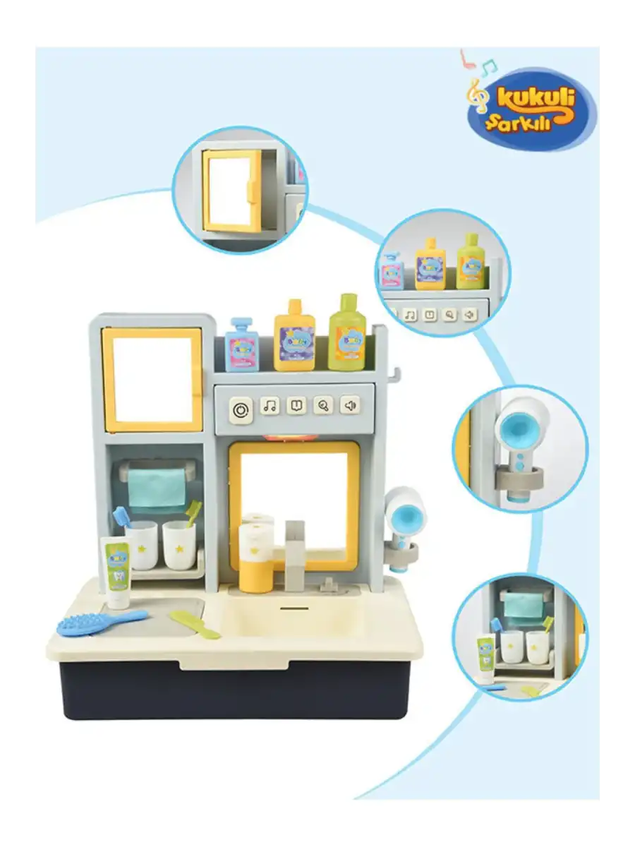 Su Akıtan Modern Banyo Seti - Çeşmeli Işıklı ve Sesli Lavabo - Banyo Seti - Su Akan Musluk - Mavi