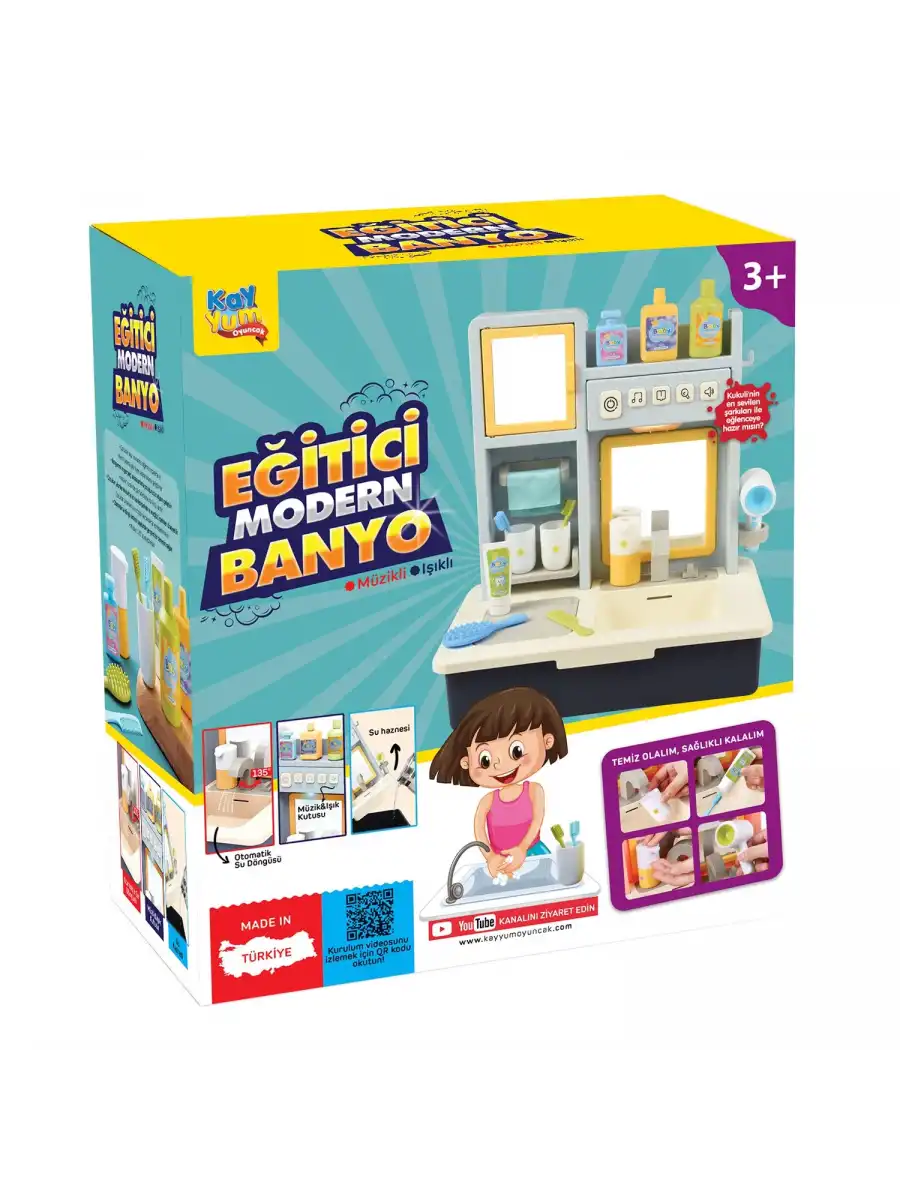 Su Akıtan Modern Banyo Seti - Çeşmeli Işıklı ve Sesli Lavabo - Banyo Seti - Su Akan Musluk - Mavi