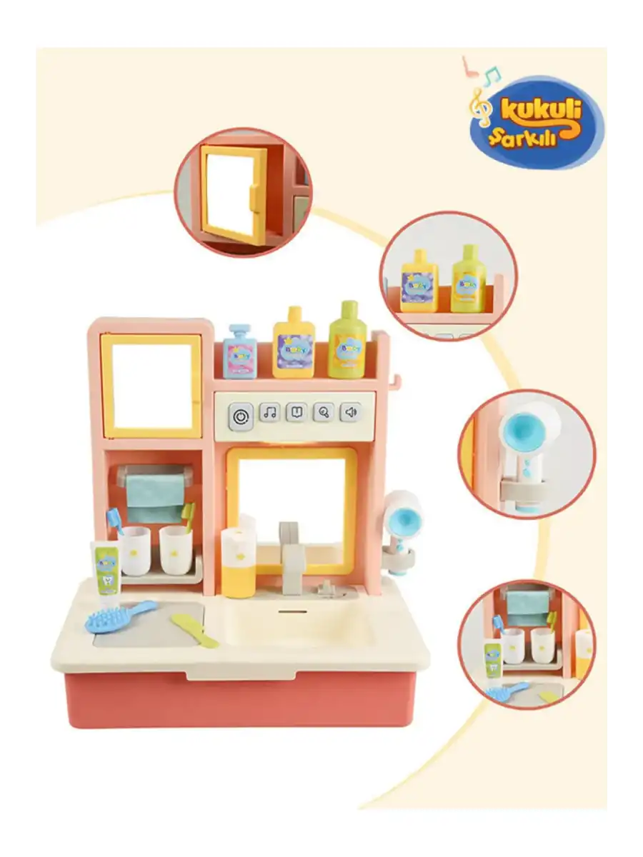 Su Akıtan Modern Banyo Seti - Çeşmeli Işıklı ve Sesli Lavabo - Banyo Seti - Su Akan Musluk - Pembe