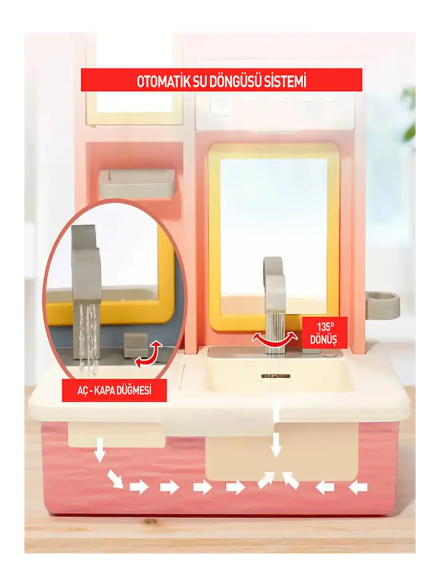 Su Akıtan Modern Banyo Seti - Çeşmeli Işıklı ve Sesli Lavabo - Banyo Seti - Su Akan Musluk - Pembe