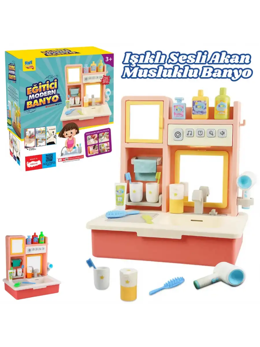 Su Akıtan Modern Banyo Seti - Çeşmeli Işıklı ve Sesli Lavabo - Banyo Seti - Su Akan Musluk - Pembe