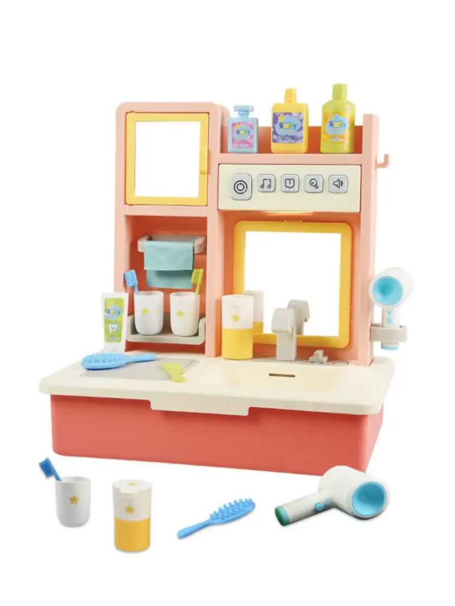 Su Akıtan Modern Banyo Seti - Çeşmeli Işıklı ve Sesli Lavabo - Banyo Seti - Su Akan Musluk - Pembe