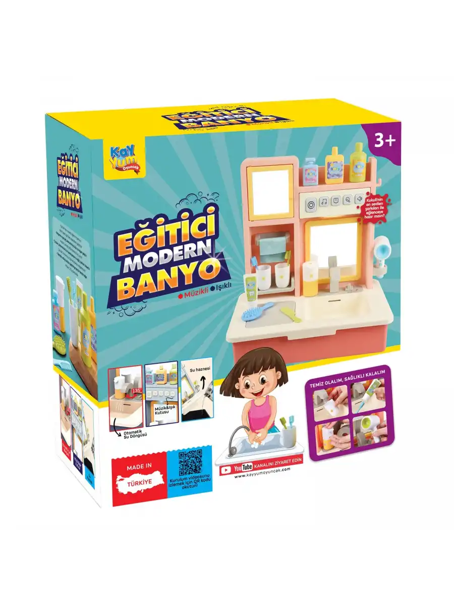 Su Akıtan Modern Banyo Seti - Çeşmeli Işıklı ve Sesli Lavabo - Banyo Seti - Su Akan Musluk - Pembe
