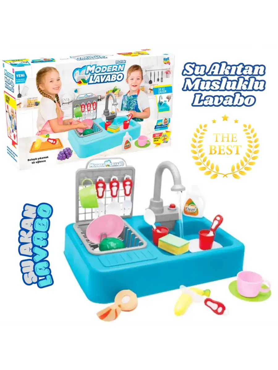Su Akıtan Modern Mutfak Seti - Çeşmeli Işıklı ve Sesli Lavabo - Mutfak Seti - Su Akan Musluk - Mavi