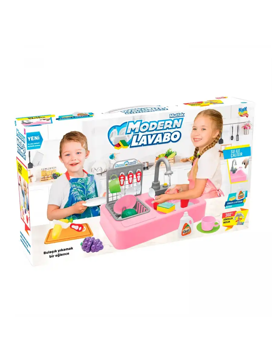Su Akıtan Modern Mutfak Seti - Çeşmeli Işıklı ve Sesli Lavabo - Mutfak Seti - Su Akan Musluk - Pembe