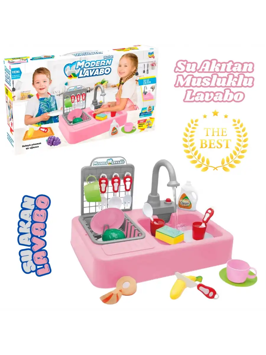 Su Akıtan Modern Mutfak Seti - Çeşmeli Işıklı ve Sesli Lavabo - Mutfak Seti - Su Akan Musluk - Pembe