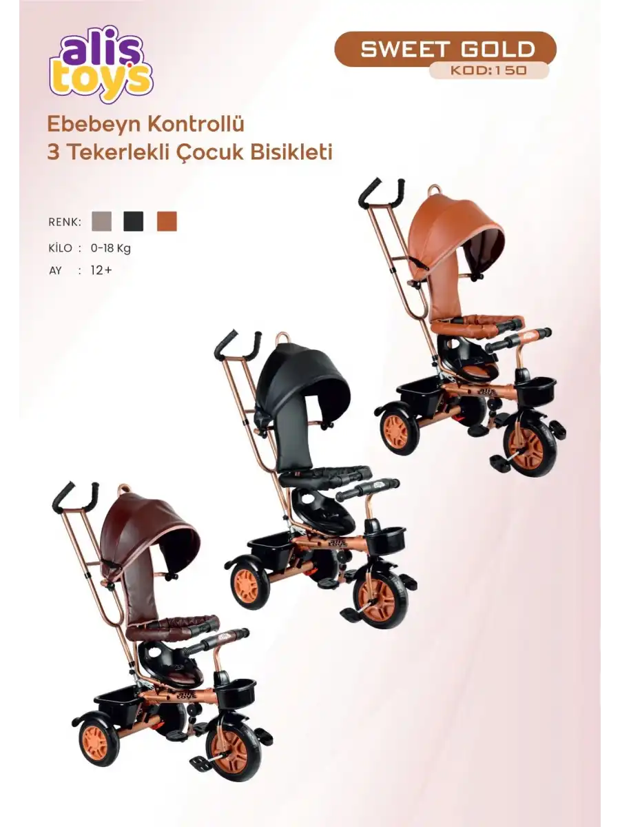 Sweet Gold Arkadan Tutacaklı Bisiklet Krem - Üç Tekerli İtmeli Bisiklet - Ebeveyn Kontröllü Bisiklet Bebek Bisikleti