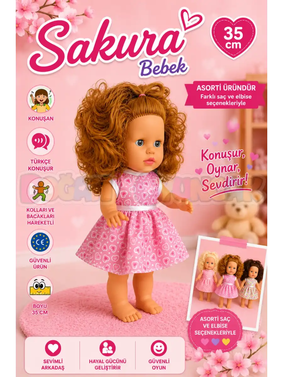 Türkçe Konuşan Sakura Saçlı Et Bebek 35 Cm. Kutulu - Konuşabilen Bebek - Saçlı Büyük Bebek - Saçlı Bebek