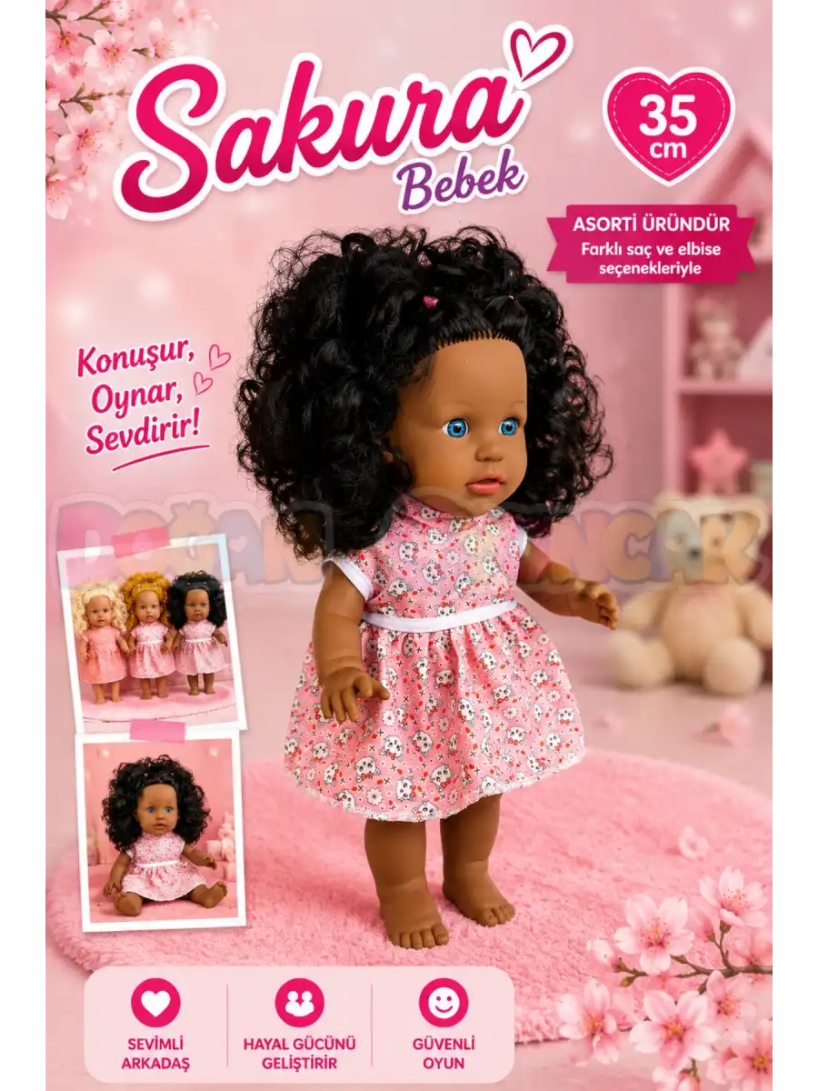 Türkçe Konuşan Siyahi Sakura Saçlı Et Bebek 35 Cm. - Konuşabilen Bebek - Saçlı Büyük Bebek - Saçlı Bebek