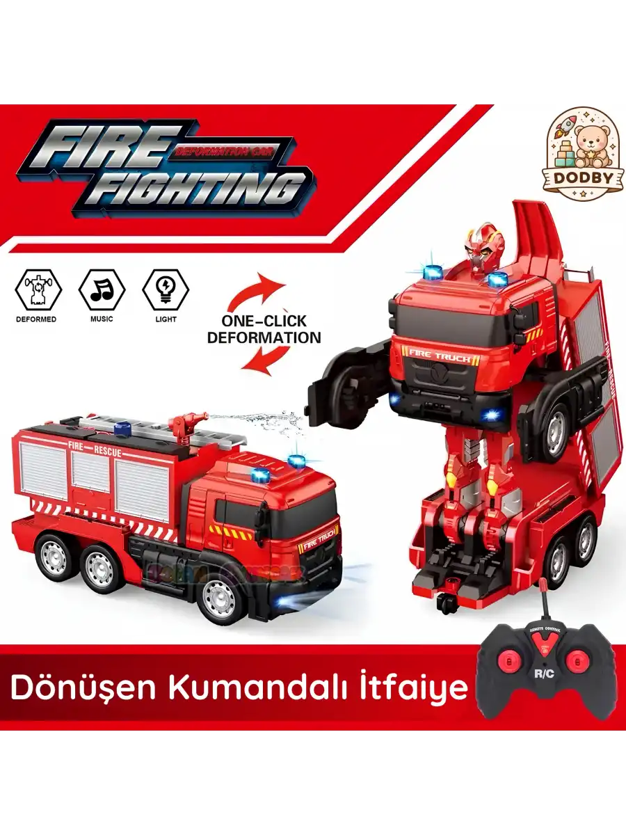 Uzaktan Kumandalı Dönüşebilen İtfaiye Arabası - Su Atan İtfaiye Aracı Işıkllı Robota Dönüşen İtfaiye