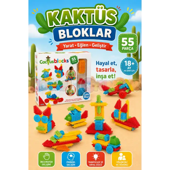 Kaktüs Bloklar (55 Parça) - Kaktüs Oyuncak - Lego Seti - Kaktüs Lego - Taraklı Lego