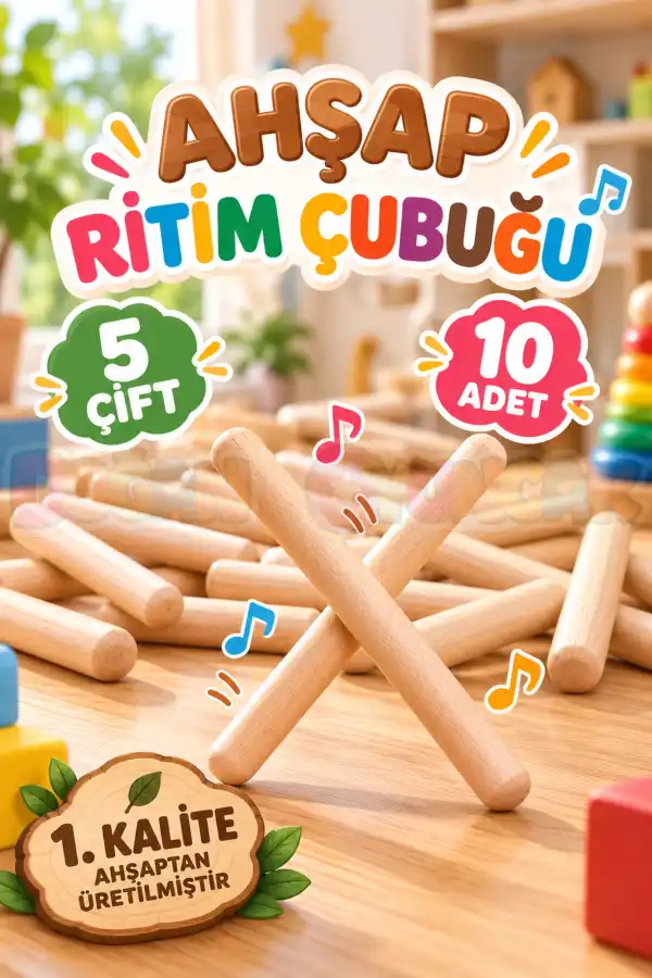 1. Kalite Ahşap Ritim Çubuğu 5 Çift / 10 Adet - Müzik Aletleri Seti