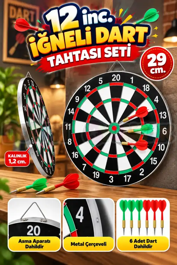 12 inc. İğneli Dart Tahtası Seti (29 cm.) - Oyuncak Dart Seti - İğneli Dart Oyuncak - Dart Oyunu Seti