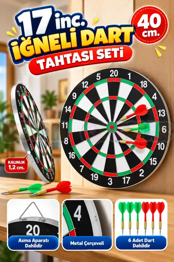 17 inc. İğneli Dart Tahtası Seti (40 cm.) - Oyuncak Dart Seti - İğneli Dart Oyuncak - Dart Oyunu Seti