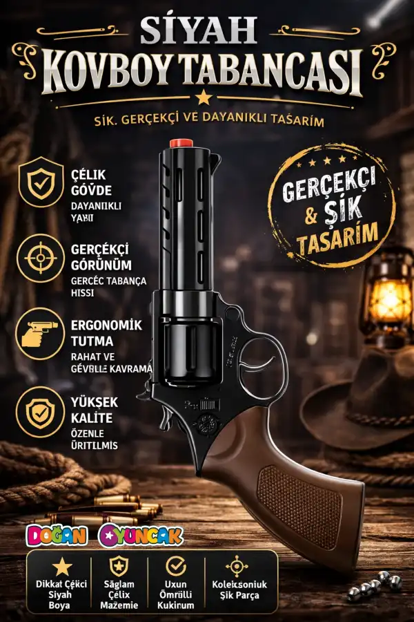 Mantar Patlatan Metal Siyah Kovboy Tabancası - Metal Kovboy Silahı Çelik Mantar Silahı