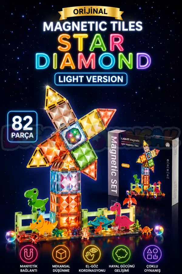 Orijinal Magnetic Tiles Star Diamond Light Version 82 Parça Işıklı Manyetik Lego - Mıknatıslı Lego Ledli Magnetic Işıklı Magnet
