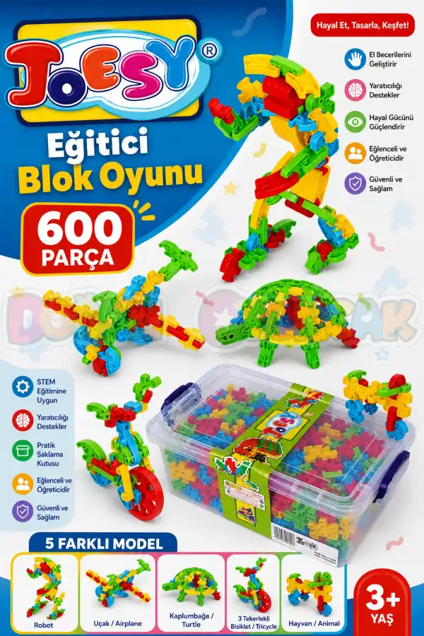 Joesy Eğitici Blok Oyunu 600 Parça - Oyuncak Lego Seti - Birbirine Geçmeli STEM Lego Seti - Eğitici Oyuncak