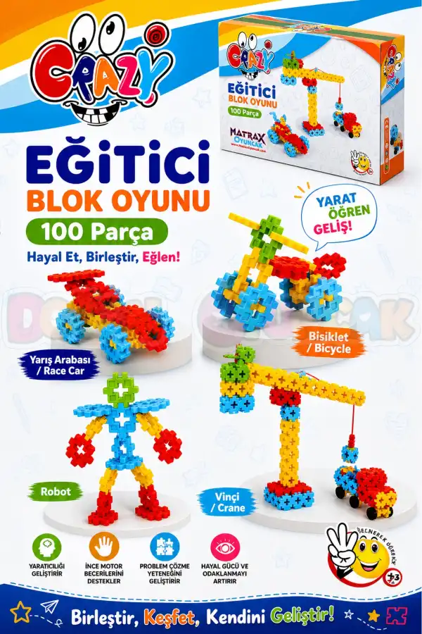 Crazy Eğitici Blok Oyunu 100 Parça - Oyuncak Lego Seti - Birbirine Geçmeli STEM Lego Seti - Eğitici Oyuncak