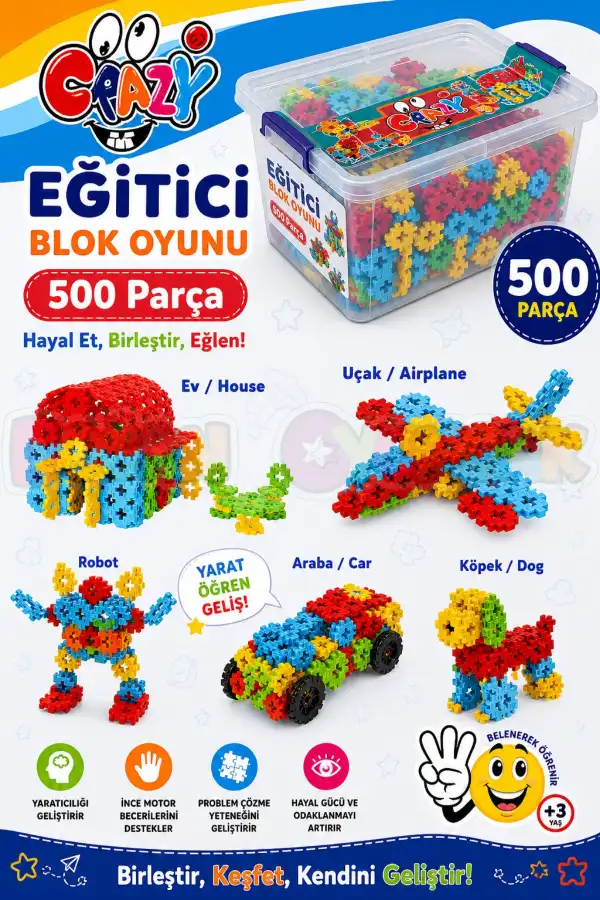 Crazy Eğitici Blok Oyunu 500 Parça - Oyuncak Lego Seti - Birbirine Geçmeli STEM Lego Seti - Eğitici Oyuncak
