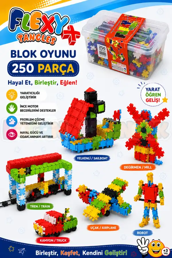 Flexy Tangles Blok Oyunu 250 Parça - Oyuncak Lego Seti - Birbirine Geçmeli STEM Lego Seti - Eğitici Oyuncak