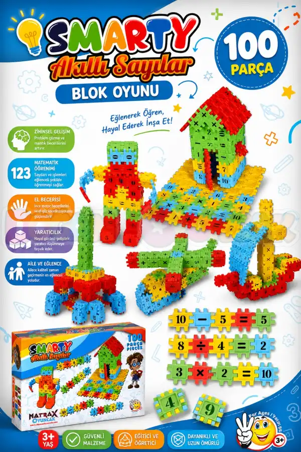 Smarty - Akıllı Sayılar Blok Oyunu 100 Parça - Oyuncak Lego Seti - Birbirine Geçmeli STEM Lego Seti - Eğitici Oyuncak