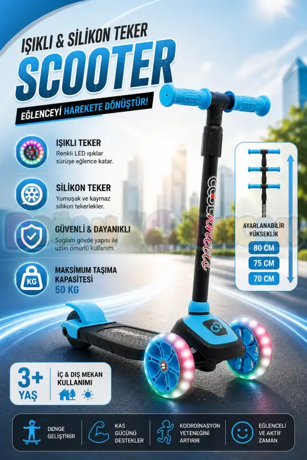 Cool Wheels Mavi Twist Işıklı 3 Tekerlekli Scooter - Işıklı Scooter - CoolWheels Scooter - Çocuk Scooter - İttir Git