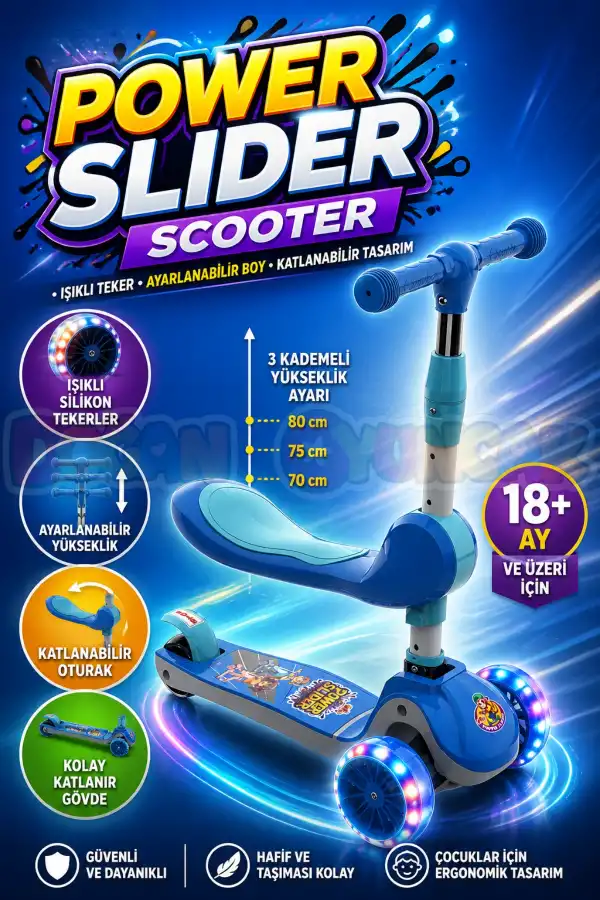 Power Slider Mavi Katlanabilir 3 Tekerlekli Oturaklı Scooter - Işıklı Scooter - Çocuk Scooter