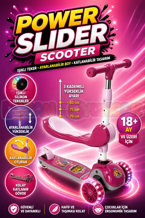 Power Slider Pembe Katlanabilir 3 Tekerlekli Oturaklı Scooter - Işıklı Scooter - Çocuk Scooter