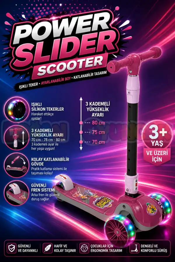Power Slider Pembe Katlanabilir 3 Tekerlekli Scooter - Işıklı Scooter - Çocuk Scooter - Slikon Teker