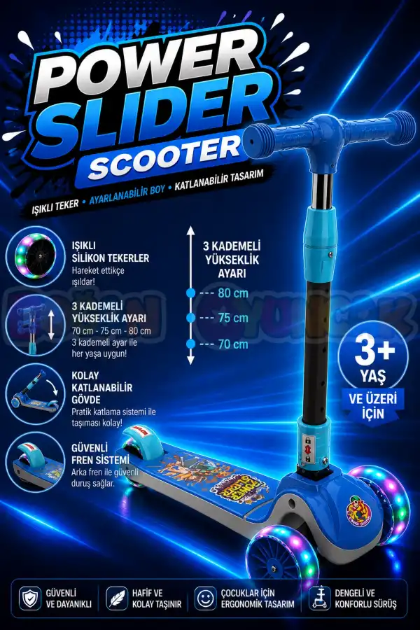 Power Slider Mavi Katlanabilir 3 Tekerlekli Scooter - Işıklı Scooter - Çocuk Scooter - Slikon Teker