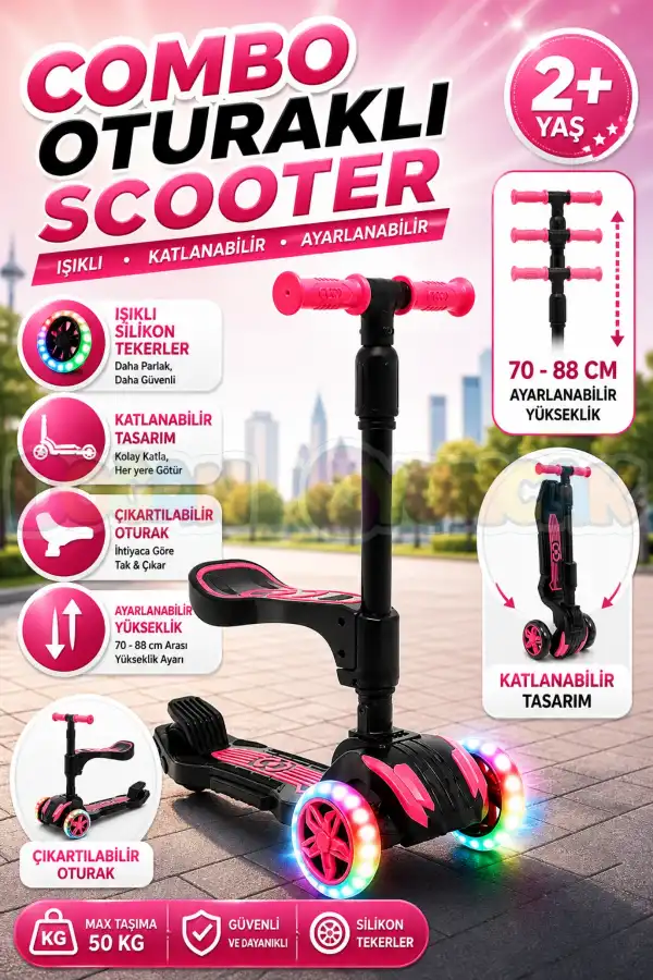 Cool Wheels Oturaklı Pembe Combo Işıklı 3 Tekerlekli Katlanabilir Scooter - CoolWheels Scooter - Çocuk Scooter