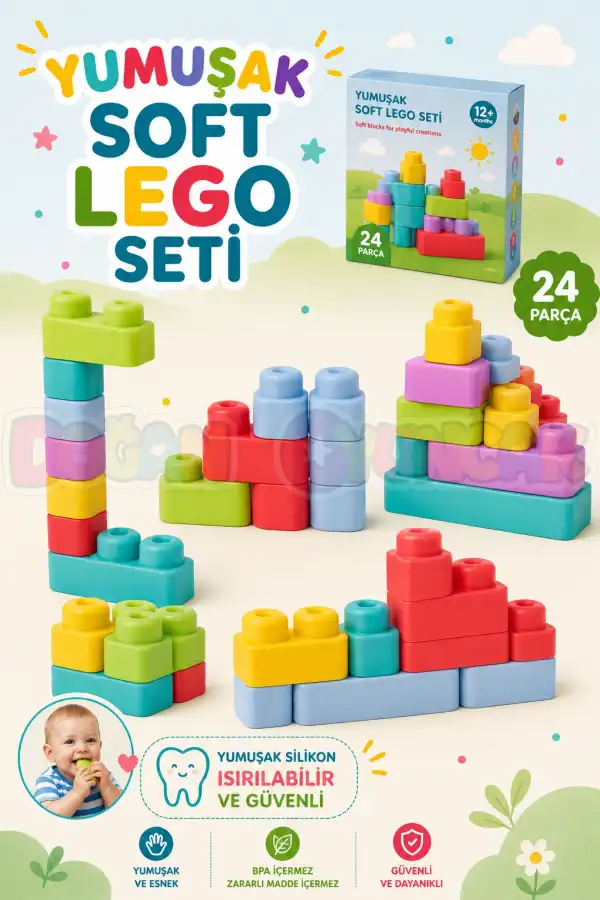 Yumuşak Soft Lego Seti 24 Parça - Büyük Yumuşak Bloklar - Büyük Soft Lego Oyuncakları - Yumuşak Lego - Soft Lego