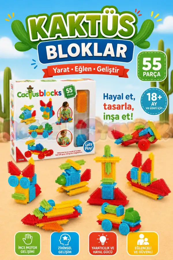 Kaktüs Bloklar (55 Parça) - Kaktüs Oyuncak - Lego Seti - Kaktüs Lego - Taraklı Lego