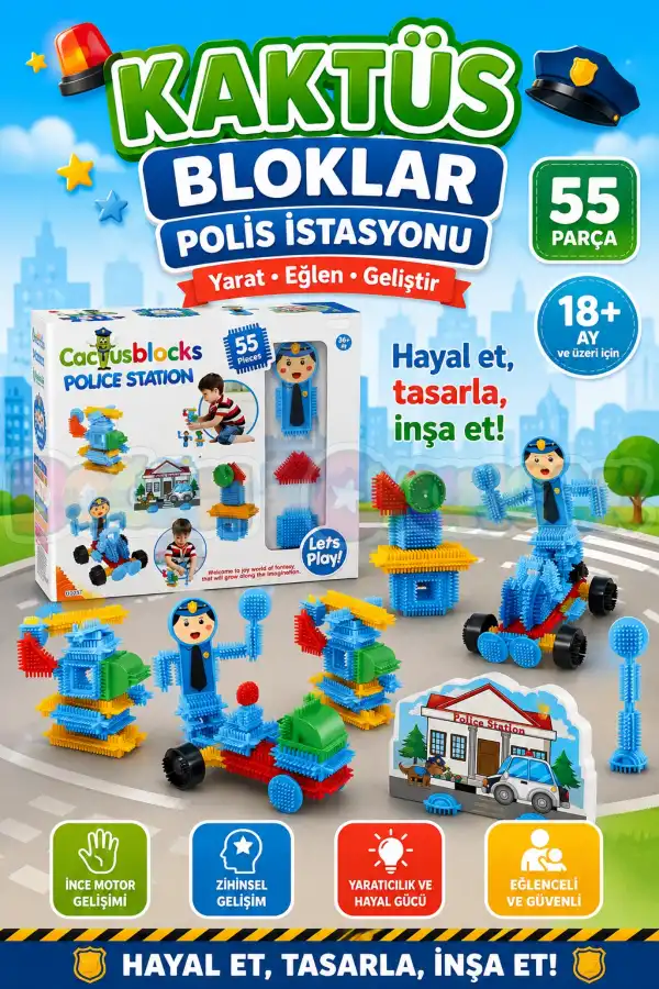 Polis Kaktüs Bloklar (55 Parça) - Kaktüs Oyuncak - Lego Seti - Kaktüs Lego - Taraklı Lego