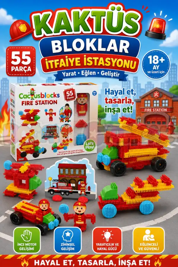 İtfaiye Kaktüs Bloklar (55 Parça) - Kaktüs Oyuncak - Lego Seti - Kaktüs Lego - Taraklı Lego