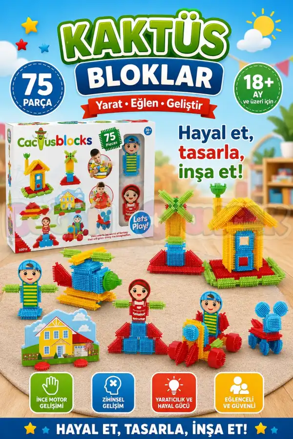 Kaktüs Bloklar (75 Parça) - Kaktüs Oyuncak - Lego Seti - Kaktüs Lego - Taraklı Lego