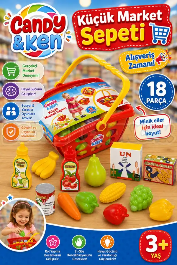 Candy & Ken Küçük Market Sepeti - Mutfak Setleri - Meyve Seti - Sebze Seti