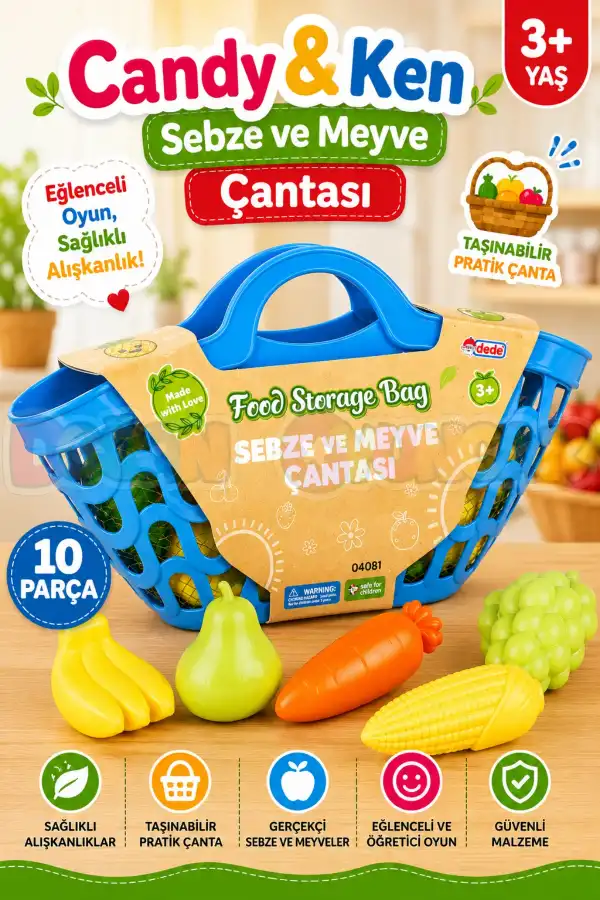 Sebze ve Meyve Çantası Mavi - Meyve Sebze Sepeti - Piknik Sepeti Oyuncak Meyveler - Oyuncak Sebzeler - Mutfak Oyuncakları