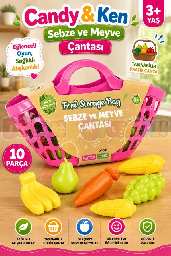 Sebze ve Meyve Çantası Pembe - Meyve Sebze Sepeti - Piknik Sepeti Oyuncak Meyveler - Oyuncak Sebzeler - Mutfak Oyuncakları