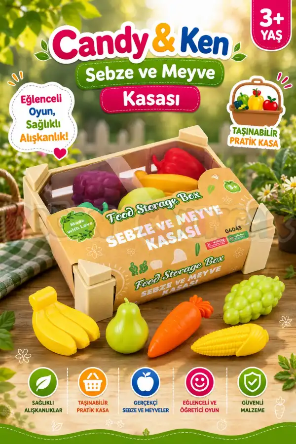 Sebze ve Meyve Kasası - Meyve Sebze Sepeti - Piknik Sepeti Oyuncak Meyveler - Oyuncak Sebzeler - Mutfak Oyuncakları