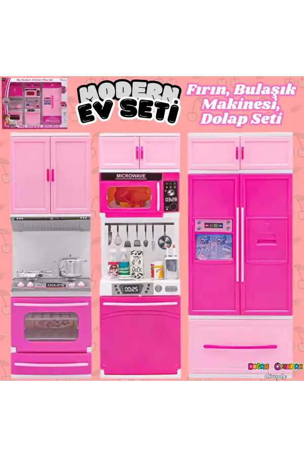 Anlily Üçlü Mutfak Seti - Barbie Modern Mutfak Seti - Işıklı Sesli Mutfak Oyuncak - Fırın, Buzdolabı, Bulaşık