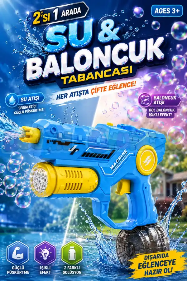 Şarjlı 2si 1 Arada Su Tabancası ve Baloncuk Tabancası Mavi - Elektirikli Water Gun Köpük Tabancası