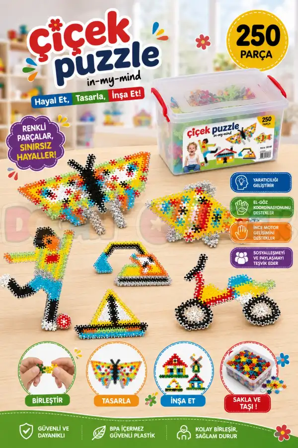 Çiçek Puzzle Lego (250 Parça) - Yıldız Puzzle - Çiçek Bloklar - Çiçek Legolar Oyuncak